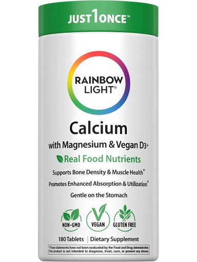 [BRSWIYYBAAAQGF3E] Rainbow Light Calcium Complex with Magnesium & Vitamin D3 + | 180 Tablets | Real Food Nutrients | Supports Bone Density & Muscle Health | Vegan Supplement for Men and Women