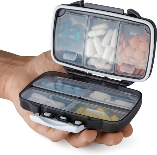 [BRSW2CANAQPB6HI3] Travel Pill Organizer - Moisture Proof Portable Vitamin Holder with 7 Compartments, Compact Supplement Case for Purse Essential Medicine Kit fot Traveling Pocket Pharmacy with Labels, Black