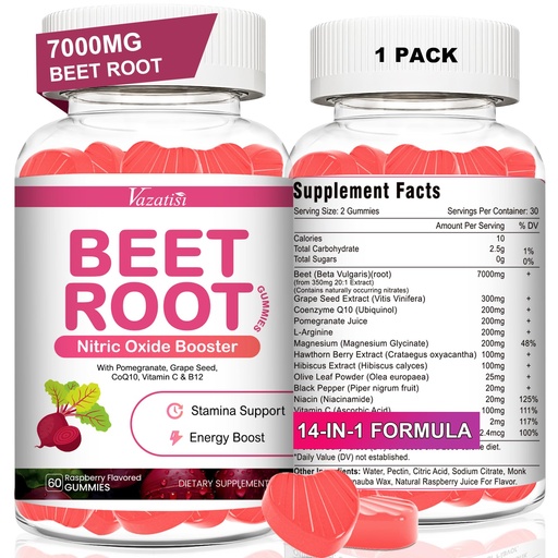 [BRSREFAEDMBWGC3H] Beet Root Gummies – Nitric Oxide Beetroot Gummies with Coq 10, Grape Seed, Pomegranate for Circulation & Energy Support – Vegan, Non-GMO, 60 Beet Chews