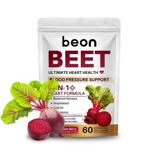 [BRSRGCQ3CMOQICT2] Beon Beet Root Chews Supplement with 500mg Beetroot, CoQ10 & Grape Seed Extract, Supports Circulation & Natural Energy, Pomegranate Berry Flavor, 60 Chews