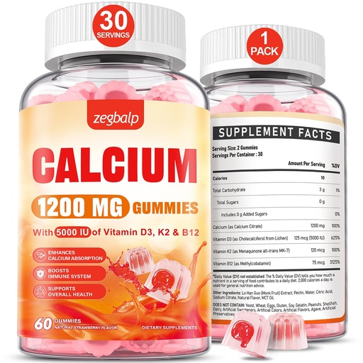 [BRSRACQCPMBG2ETH] Calcium 1200 mg with Vitamin D3 Supplement for Adults - Calcium Gummies with Vitamin D3 5000IU, K2, B12 for Women Men - Extra Absorption Calcium Citrate - Natural Strawberry Flavor, 60 Gummies