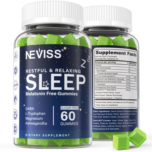 [BRSRMZQHCFYWYFA4] NEVISS Melatonin Free Sleep Aid Gummies for Adults - Magnesium Glycinate Gummies | GABA, L-Tryptophan, Magnesium, Ashwagandha - Non-Habit Forming, Help for Deep Relaxation - Vegan, Lemon Flavor, 1Pack