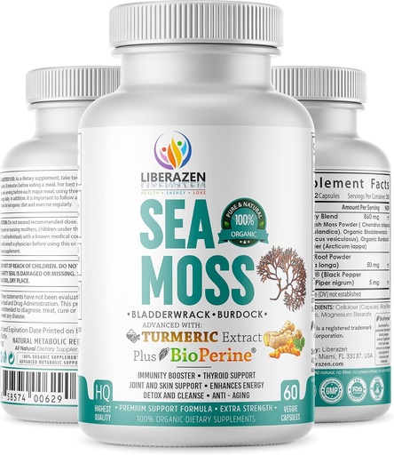 [BRSW2ELYO4MAIE3F] Organic Irish Sea Moss Pills - Wildcrafted Dr Sebi Inspired Seamoss Blend with Turmeric, Burdock Root & Bladderwrack, Enhanced with Black Pepper - 60 Capsules