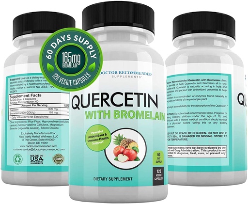 [BRSWYGQYAEPQ2ALH] DOCTOR RECOMMENDED SUPPLEMENTS Quercetin 800mg w/Bromelain 165mg Per Serving- 120 Veggie Capsules-Full 60 Day Supply, Vitamin Supplement to Support & Bioflavonoids, Gluten Free, Non-GMO