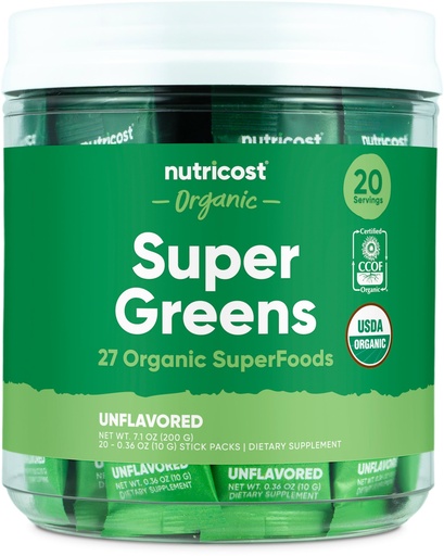 [BRSRAFATBNYWM3Y6] Nutricost Organic Super Greens (Unflavored) 20 Stickpacks - Gluten-Free, Non-GMO