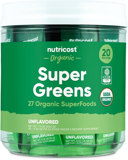 [BRSRAFATBNYWM3Y6] Nutricost Organic Super Greens (Unflavored) 20 Stickpacks - Gluten-Free, Non-GMO