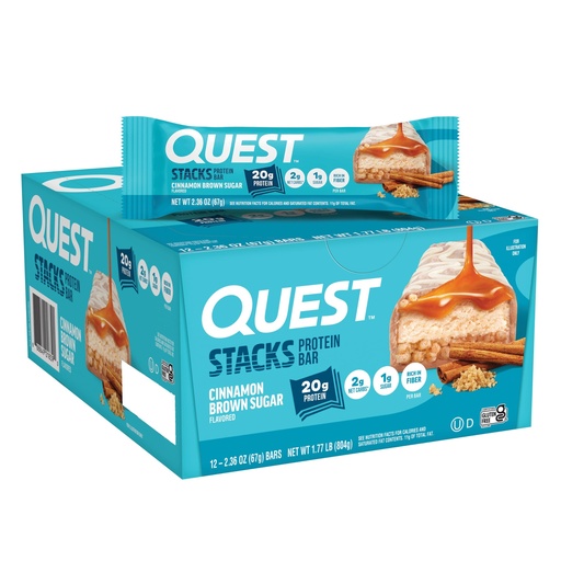 [BRSRGZAYBYMRAALU] Quest Nutrition Stacks Protein Bars, Cinnamon Brown Sugar, 20g Protein, 2g Net Carbs, 1g Sugar, High Fiber, Low Sugar, Gluten Free, 12 Count
