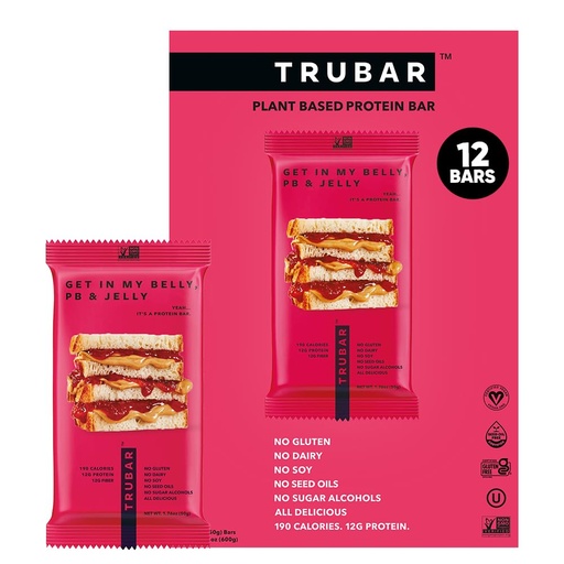 [BRSROED5BYGRA236] TRUBAR Vegan Protein Bar, Get In My Belly Pb & Jelly, Gluten Free, Plant Based, High Fiber, Dairy Free, Low Fat, Non GMO, No Sugar Alcohols, 12G Lean Protein, 13G Fiber, Healthy Snack Bars, 12 CT