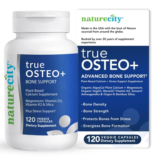 [BRSWKYL5PIEBMDD2] NatureCity True-Osteo Plus Bone Support with Ashwagandha – for Strength & Density – Plant-Based Calcium with Organic AlgaeCal, Magnesium, Vitamin D3, K2, Silicon & Stress Support | 120 Veggie Capsules