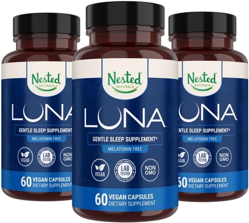 [BRSROCADPMHAEGTD] Nested Naturals Luna Melatonin Free, Non-Habit Forming Herbal Sleep Supplement w/Chamomile, Valerian, L-Theanine, 180 Vegan Capsules (60 Capsules Per Bottle)