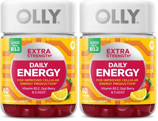 [BRSREBARBANQEAA4] OLLY Extra Strength Daily Energy Gummy,Caffeine Free,1000mcg Vitamin B12,CoQ10,Goji Berry,Adult Chewable Supplement,Berry Yuzu Flavor -,60 Count (Pack of 2)