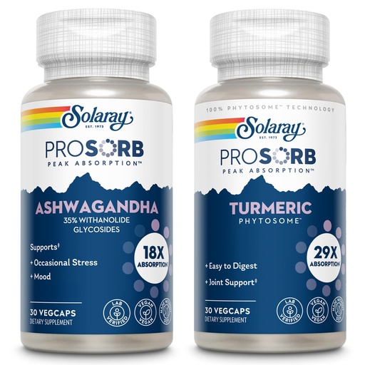 [BRSRABABCQCBUDI2] SOLARAY ProSorb Ashwagandha Supplements 18X Absorption and Turmeric Curcumin Supplements 29X Absorption, Occasional Stress, Mood, and Joint Health Support, Vegan, 60-Day Guarantee, 30 VegCaps