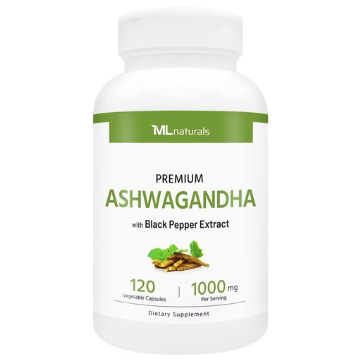 [BRSREGAYAF6BUYL5] ML Naturals Organic Ashwagandha Powder 600mg, Ashwagandha Extract 400mg, Black Pepper Extract 10mg (Per Serving) 120 Vegetable Capsules