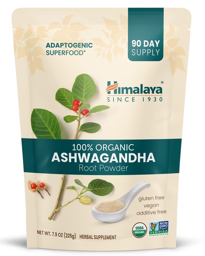 [BRSWYZIHPIIAEAA6] Himalaya 100% USDA Certified Organic Ashwagandha Root Powder Herbal Supplement, Supports Relaxation, Stress Relief, Energy, Occasional Sleeplessness, Non-GMO, Vegan, Flavorless, 7.9 Oz Bag
