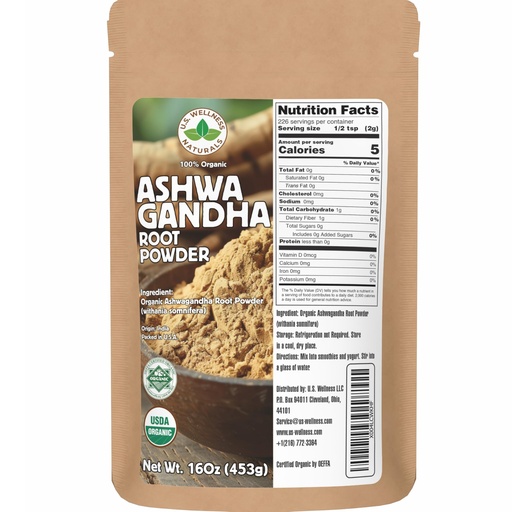 [BRSRACDYAF5QO3L3] U.S. Wellness Naturals Organic Ashwagandha Root Powder | 1 Pound, No Filler, No Additives| Resealable Powder-Friendly Bag | Non-GMO | Indian Ginseng | Withania Somnifera| India Origin