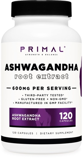 [BRSRABD3OJ5GCHI7] Primal Ashwagandha Root Extract 120 Capsules, 600mg per Serving - Gluten-Free, GMO-Free