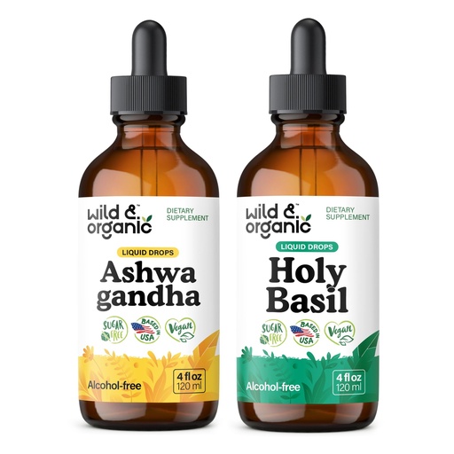 [BRSRAGAKBMBGMYIZ] Wild & Organic Ashwagandha Tincture 4 fl oz & Holy Basil Tincture 4 fl oz