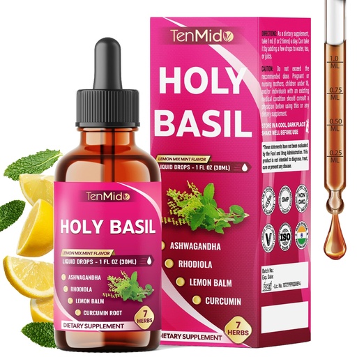[BRSREGA2BN4AOETU] 7in1 Holy Basil Tincture with Ashwagandha, Rhodiola Rosea, Lemon Balm, Curcumin, Saffron, and Black Pepper - Support Relaxation - 30ml 1 Fl Oz