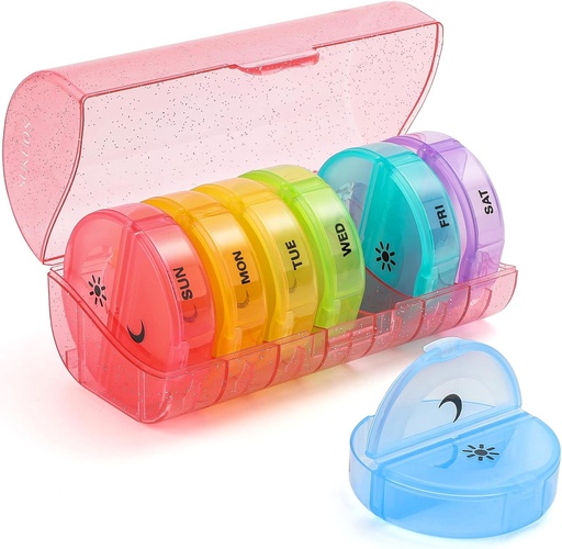 [BRSRAGQKOIBWGF3K] Sukuos Large Weekly Pill Organizer 2 Times a Day, Daily Pill Box 7 Day Easy to Open with Double Protection, AM PM Pill Case for Medicine/Vitamin/Fish Oil/Supplements (Glitter Pink)