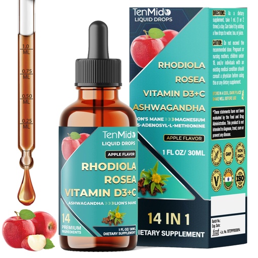 [BRSREGAEAACRSE36] 14in1 Rhodiola Rosea Tincture with Ashwagandha, Lion's Mane, Magnesium Glycinate, Citrate, Malate, L-Theanine, Same, Shilajit, Turmeric, Sea Moss & More - 30ml 1 Fl Oz