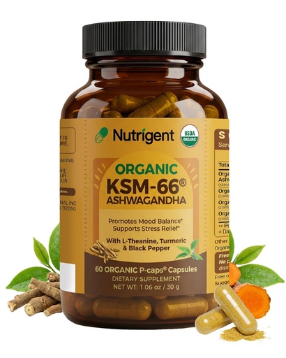 [BRSREH37BYJWAET3] USDA Organic KSM-66 Ashwagandha 600mg with Organic L-Theanine, Turmeric & Black Pepper, Supports Calm, Focus, Relaxation & Overall Well-Being, 60 Capsules