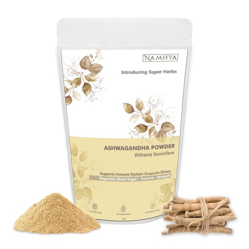 [BRSRE2QLBMIBSFDK] Namhya Ashwagandha Powder | 100g (50 Servings) | Reduces Stress, Boosts Energy, Immunity, Testosterone & Thyroid Support | Pure Ashwagandha | Natural, No Preservatives | Balances Vata, Kapha