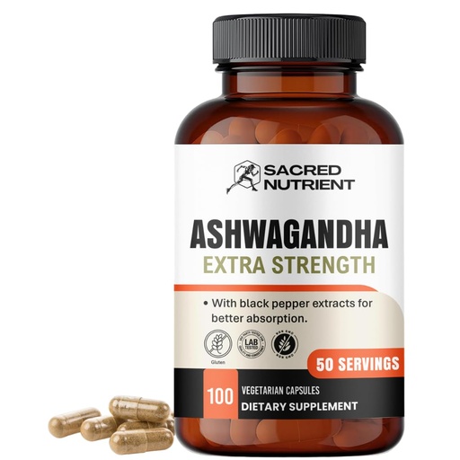 [BRSRAZAZBUMBMHL5] Ashwagandha Organic Extra Strength Supplement with Black Pepper for Stress & Mood Support, Energy 300mg Extract (Equivalent 3000mg Herb), 100 Capsules