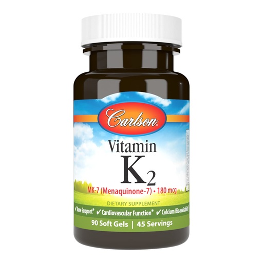 [BRSWGZLRCJ4GCDTG] Carlson - Vitamin K2 MK-7 (Menaquinone), 180 mcg, Bone Support, Calcium Bioavailability, K2 Vitamin, Vitamin K-2, 90 Softgels