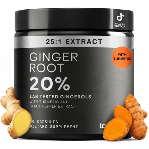[BRSREHQYOQPR4G3L] Toniiq Ginger Root Capsules – Ultra High Potency 25:1 Extract with 20% Gingerols – with Curcumin & Black Pepper for Synergy – Lab Tested – 60 Capsules