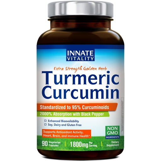 [BRSW2BQTCMMQGDY3] Innate Vitality Turmeric Curcumin Supplement 1800mg with Black Pepper 95% Curcuminoids, Extra Strength & Enhanced Absorption, Antioxidant, 90 Caps