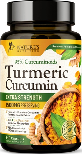 [BRSRE2YBC4HWGYLU] Turmeric Curcumin Supplement 1500mg - Organic Tumeric & BioPerine Black Pepper for Best Absorption with 95% Curcuminoids, Nature's Joint & Immune Support, Non-GMO, Bottled in USA - 240 Capsules