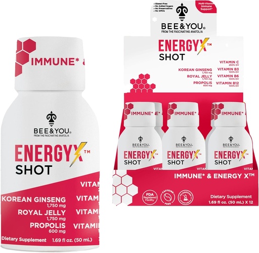 [BRSWYHQ5CRYGOHQ6] Bee and You Energy X Shot, 12 Pack, Korean Red Ginseng, Royal Jelly, Propolis, Caffeine Free Energy Drink, Vitamin C, B3, B6, B12, Immune Support Supplement, Antioxidants, Pomegranate Flavor