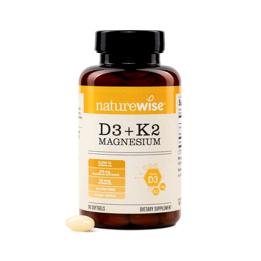 [BRSRGBACCV6G2YLG] NatureWise Vitamin D3 K2 Magnesium Glycinate 275mg - Extra Strength Vitamin D3 5000IU + K2 50mcg - High Absorption Chelated Magnesium - Bone Support - Non-GMO, USA Manufactured - [90 Day Supply]