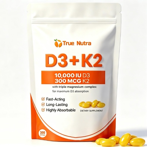 [BRSRGAIPOQCWKYD7] D3 K2, Vitamin D3 K2 Magnesium 10,000 IU Supplement, Supports Immune & Energy, Bone & Muscle Support, 300 Coconut Oil Softgels, 1 Pack