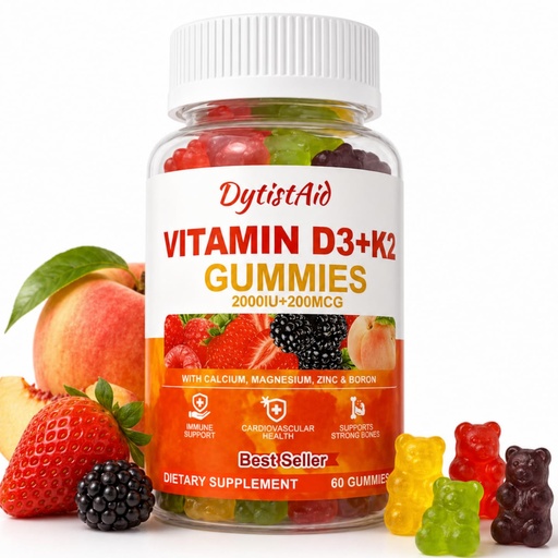 [BRSRGEIHAAGWYYA6] Vitamin D3 + K2 Gummies 2000 IU with Calcium + K2 (MK-7), Magnesium Citrate, Vitamin C, Zinc & Boron – Bone, Heart & Immune Support – Vegan, Non-GMO, Gelatin-Free, Sugar-Free Supplement, 60 Gummies