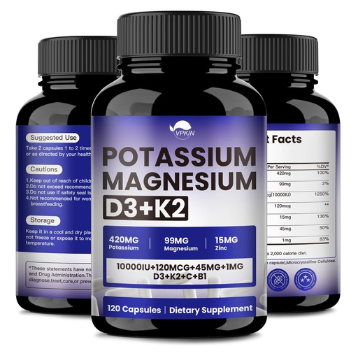 [BRSRE2TROF7AAAYZ] VPKIN Potassium Magnesium Zinc & D3 K2 Supplement,Support Immune,Energy for Men&Women,Maxmium Absorption,Vegan,Non-GMO,120 Capsules (Pack of 1)