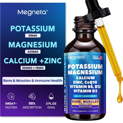 [BRSREYD2BB5WODT6] Potassium Magnesium Calcium Zinc Liquid Complex – Chelated Minerals with D3, B6, B12 & CoQ10 for Superior Absorption, Heart, Bone, Muscle, Sleep & Anti-Aging Support, 2 Fl Oz(60ml)