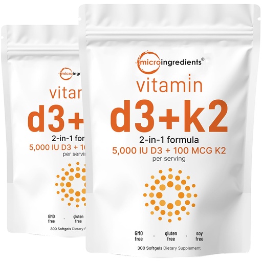 [BRSWGBAPOENGMFLO] Micro Ingredients Vitamin D3 5,000 IU + K2 MK-7 100 mcg, 2 Pack (600 Softgels) | Liquid-Filled with Sunflower Oil | 2-in-1 Vitamins D & K Complex | Extra Strength, Easy to Swallow, Non-GMO, No Gluten