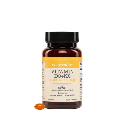 [BRSREZQQCEBBOA3K] NatureWise Vegan Vitamin D3 + K2 with Organic Coconut MCT Oil - Natural D3 5000IU + Natural K2 100mcg - High Absorption Bone Support - Soy & Gluten Free - USA Manufactured - 90 Softgels[90-Day Supply]