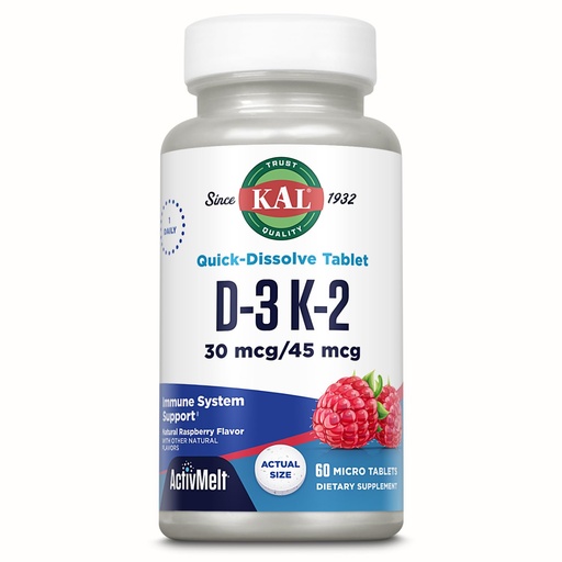 [BRSWIAINCYCQIC3K] KAL Vitamin D3 K2 ActivMelt - Immune Support Supplement w/Vitamin D as D3 and MK7 VIT K2 to Support Strong Bones - Quick-Dissolve Tablets, Natural Raspberry Flavor, 60-Day Guarantee, 60 Servings