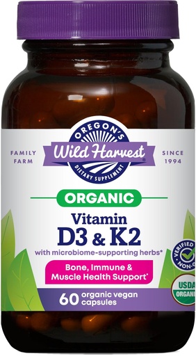 [BRSREHQKDMPGYDTJ] Oregon’s Wild Harvest Organic Vitamin D3 & K2 – Bone, Immune & Muscle Health Support – Vegan Capsules with Microbiome-Supporting Herbs, Aquamin® Trace Minerals, USDA Organic, 60 Ct