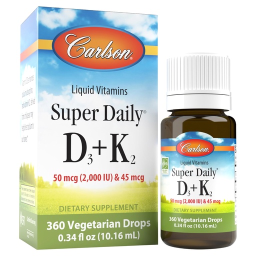 [BRSWGZQZDIOWMGTX] Carlson Super Daily D3 + K2, 50 mcg D3 + 45 mcg MK-7, Heart & Bone Health, 360 Liquid Drops, 10.16 ml