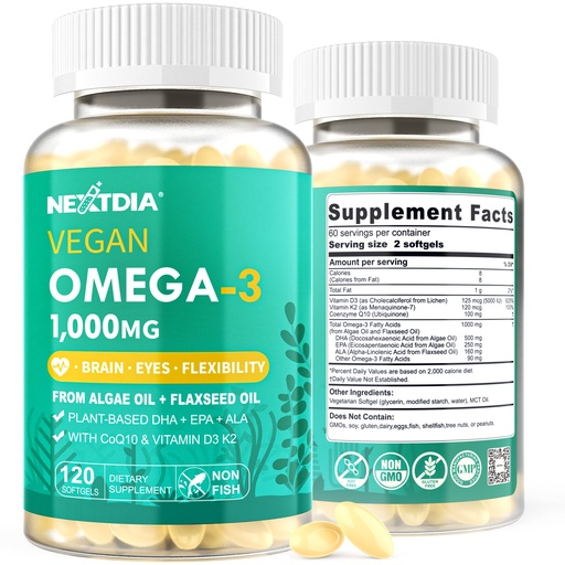 [BRSREYYRB4FBEYA3] 2 Pack Vegan Omega 3 D3 K2 CoQ10 Supplement, Plant Based DHA EPA ALA for Women Men, Omega 3 Organic Algae Flaxseed Oil Supplement for Bone, Brain, Eye & Immune Support, No Carrageenan, 240 Softgels