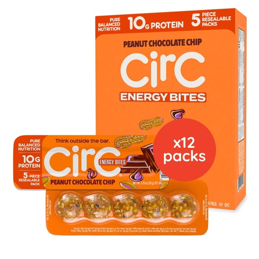 [BRSRAEI3AR6AGF34] CirC Energy Bites - 12 Pack Peanut Chocolate Chip Gluten Free Protein Balls - 10g Protein, Whole Grains, Nuts & Fruit - Portable Healthy Snacks for Adults & Kids, 5 Piece Resealable Packs