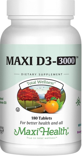 [BRSWIZQ6CN5WODDC] Maxi Health Vitamin D3 3000 IU 75 mcg Vitamin D Supplement for Healthy Bones, Teeth, Immune Support - VIT D3 Supplement Easy to Swallow Non-GMO, Supplement for Men and Women – Kosher (180 Tablets)