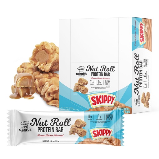 [BRSREZYTOUPRAHLB] Genius Gourmet SKIPPY Peanut Butter Flavor Inspired Protein Nut Roll Bar,11g Protein per serving(18% DV), 0g Added Sugar, Carb Conscious Snack Bar, Gluten Free – 10 Count