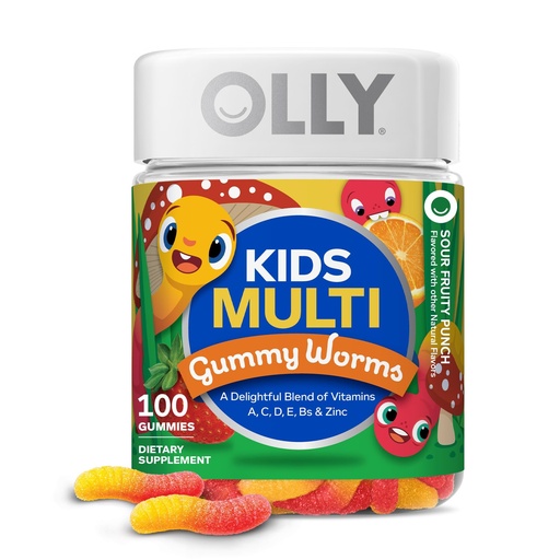 [BRSREZI7AECR4ALA] OLLY Kids Multivitamin Gummy Worms, Overall Health and Immune Support, Vitamins and Minerals A, C, D, E, Bs and Zinc, Kids Chewable Supplement, Sour Fruit Punch, 45 Day Supply - 100 Count