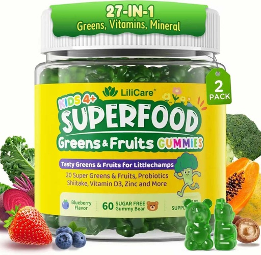 [BRSREFT3CEPAKC3O] Kids Super Greens Gummies, Superfood Multivitamin for Kids, 30 Veggie, Fruit, Vitamin, Mineral, Probiotic, Kids Vitamin Gummies for Growth, Immunity, Digestion, Picky Eater Approved, Sugar Free 2Pack
