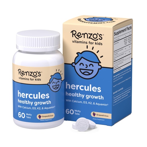 [BRSRMBQYOEHBA2Q3] Renzo's Hercules Healthy Growth Calcium Supplement with Vitamin D3, K2 & Aquamin - Vitamins for Kids Height, Ages 2+, Dissolvable, 60 Grape-Flavored Melty Tabs