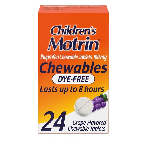 [BRSWGAIOAUCBS3D5] Motrin Children's Dye-Free Chewable Tablets with Ibuprofen, Kids' Fever Reducer & Pain Reliever for Sore Throat, Fever, Toothache & Pain Relief, Grape Flavor, 24 Ct